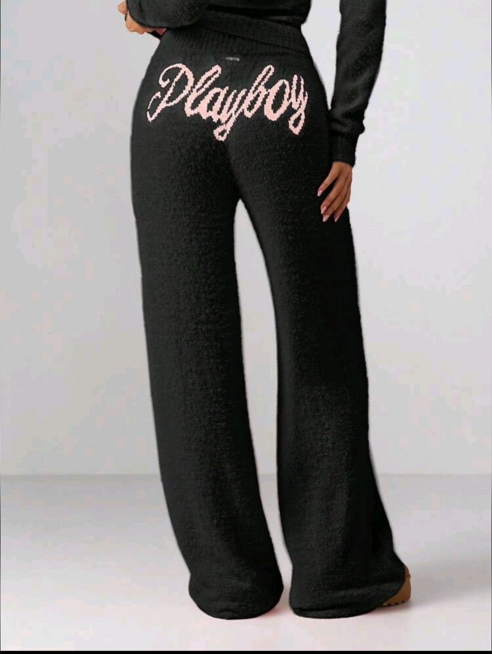 PLAYBOY Black Wide-Leg Knit Pants with Pink Script Logo